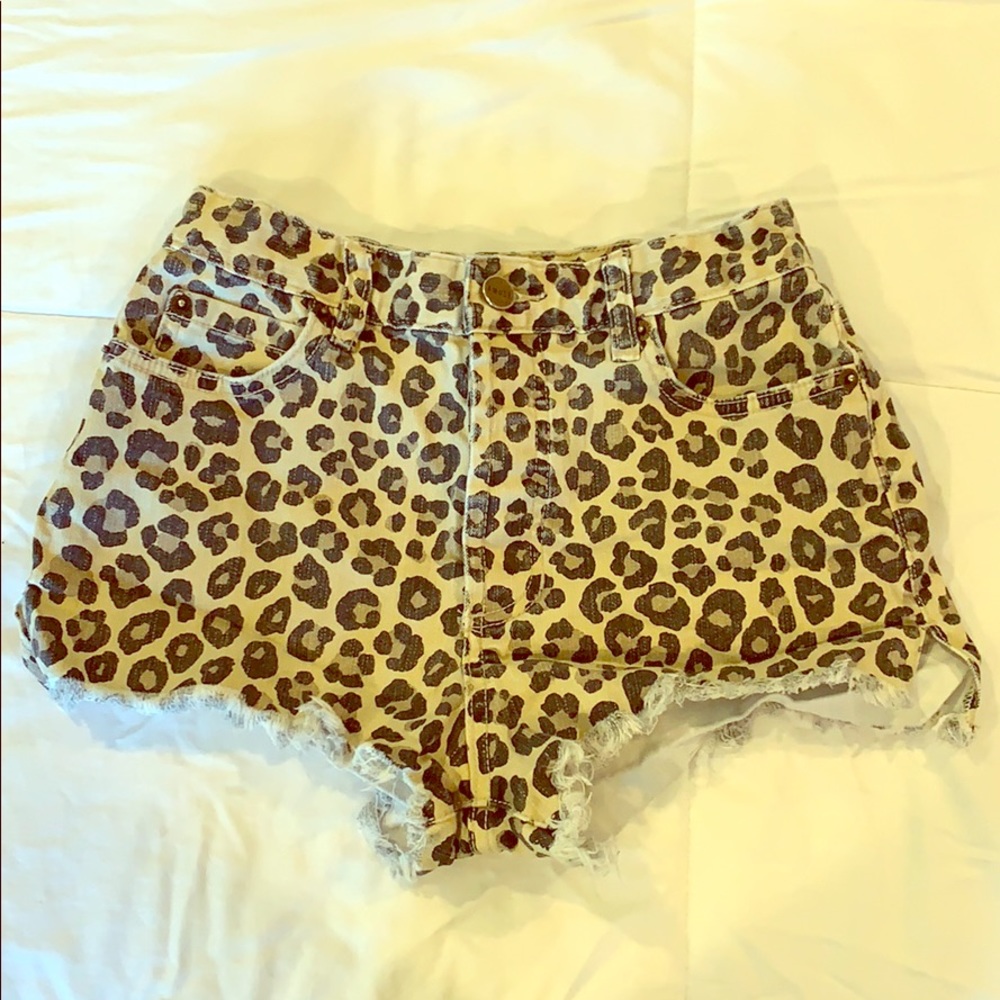 Shoreline Beige Leopard Print Cutoff Denim Shorts